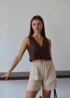 Müslin kumaş şort bağcıklı bej pt