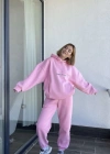 Nakış İşlemeli Üç İplik Sweat Takım- Pembe