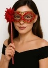 NessiWorld Lüks Saplı Maskeli Balo Maskesi Kırmızı Renk 35 cm
