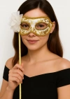 NessiWorld Lüks Taşlı Saplı Maskeli Balo Maskesi Beyaz Renk 35 cm