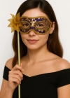 NessiWorld Lüks Taşlı Saplı Maskeli Balo Maskesi Mor Renk 35 cm