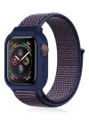 Newface Apple Watch 38mm Hasırlı Cırtcırtlı Kasalı Kordon - Lacivert-Mürdüm