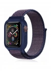 Newface Apple Watch 38mm Hasırlı Cırtcırtlı Kasalı Kordon - Lacivert-Mürdüm