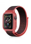 Newface Apple Watch 38mm Hasırlı Cırtcırtlı Kasalı Kordon - Siyah-Pembe