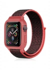 Newface Apple Watch 42mm Hasırlı Cırtcırtlı Kasalı Kordon - Siyah-Pembe