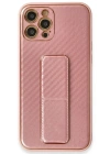 Newface iPhone 12 Pro Kılıf Coco Karbon Standlı Kapak - Pembe