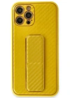 Newface iPhone 12 Pro Max Kılıf Coco Karbon Standlı Kapak - Sarı