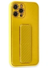 Newface iPhone 12 Pro Max Kılıf Coco Karbon Standlı Kapak - Sarı