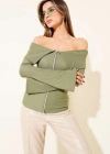 Omzu Açık Fermuarlı Bluz haki T4330