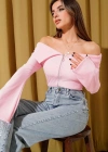 Omzu Açık Fermuarlı Bluz pembe T4330