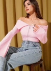 Omzu Açık Fermuarlı Bluz pembe T4330