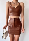 Önden iki cepli deri etek kahve h240040