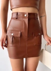 Önden iki cepli deri etek kahve h240040