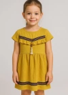 Önü püsküllü boncuk detaylı kız çocuk elbisesi hardal