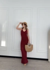Örgülü Uzun Triko Elbise - Bordo