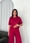 Osy Modal Yumuşak Dokulu Kumaş Bisiklet Yaka T-shirt Bol paça Pantalon ikili Takım -Bordo