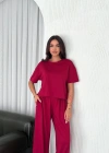 Osy Modal Yumuşak Dokulu Kumaş Bisiklet Yaka T-shirt Bol paça Pantalon ikili Takım -Bordo