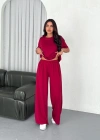 Osy Modal Yumuşak Dokulu Kumaş Bisiklet Yaka T-shirt Bol paça Pantalon ikili Takım -Bordo