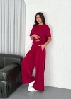 Osy Modal Yumuşak Dokulu Kumaş Bisiklet Yaka T-shirt Bol paça Pantalon ikili Takım -Bordo