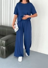 Osy Modal Yumuşak Dokulu Kumaş Bisiklet Yaka T-shirt Bol paça Pantalon ikili Takım -Saks Mavi