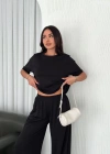 Osy Modal Yumuşak Dokulu Kumaş Bisiklet Yaka T-shirt Bol paça Pantalon ikili Takım -Siyah