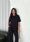 Osy Modal Yumuşak Dokulu Kumaş Bisiklet Yaka T-shirt Bol paça Pantalon ikili Takım -Siyah