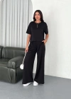 Osy Modal Yumuşak Dokulu Kumaş Bisiklet Yaka T-shirt Bol paça Pantalon ikili Takım -Siyah