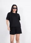 Osy Modal yumuşak dokulu Kumaş Kadın Bisiklet Yaka T-shirt Kısa Şort İkili Takım - Siyah