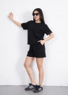 Osy Modal yumuşak dokulu Kumaş Kadın Bisiklet Yaka T-shirt Kısa Şort İkili Takım - Siyah