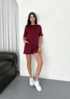 Osy Modal yumuşak dokulu Kumaş Kadın Parçalı Bisiklet Yaka T-shirt Kısa Şort İkili Takım - Bordo