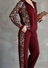 Osy Modal Yumuşak Dokulu Kumaş Kapüşonlu Leopar Desenli Fermuarlı Takım - Bordo