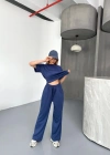 Osy Modal Yumuşak Dokulu Kumaş Kısa Kollu Bluz Rahat Pantalon ikili Takım- Lacivert