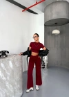 Osy Modal Yumuşak Dokulu Kumaş Kısa Kollu Crop Alt ispanyol Paça Pantalon ikili Takım - Bordo