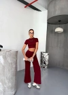 Osy Modal Yumuşak Dokulu Kumaş Kısa Kollu Crop Alt ispanyol Paça Pantalon ikili Takım - Bordo