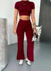 Osy Modal Yumuşak Dokulu Kumaş Kısa Kollu Crop Alt ispanyol Paça Pantalon ikili Takım - Bordo