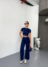 Osy Modal Yumuşak Dokulu Kumaş Kısa Kollu Crop Alt ispanyol Paça Pantalon ikili Takım - Lacivert