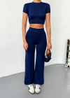 Osy Modal Yumuşak Dokulu Kumaş Kısa Kollu Crop Alt ispanyol Paça Pantalon ikili Takım - Lacivert