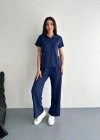 Osy Modal Yumuşak Dokulu Kumaş Kısa Kollu Yakalı T-shirt Pantalon ikili Takım- Lacivert