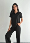Osy Modal Yumuşak Dokulu Kumaş Kısa Kollu Yakalı T-shirt Pantalon ikili Takım- Siyah