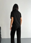 Osy Modal Yumuşak Dokulu Kumaş Kısa Kollu Yakalı T-shirt Pantalon ikili Takım- Siyah