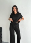 Osy Modal Yumuşak Dokulu Kumaş Kısa Kollu Yakalı T-shirt Pantalon ikili Takım- Siyah