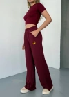 Osy Modal Yumuşak Dokulu Kumaş Nakış işlemeli Rahat Bol Paça Eşofman Pantalon - Bordo