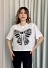 Oversize Beyaz baskılı crop tişört