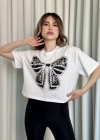 Oversize Beyaz baskılı crop tişört