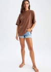 Oversize Fit Kısa Kollu Basic %100 Pamuk Tişört Kahverengi
