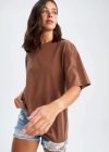 Oversize Fit Kısa Kollu Basic %100 Pamuk Tişört Kahverengi