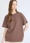 Oversize Geniş Kalıp Bisiklet Yaka Basic Düz Kalın Kumaş Kısa Kollu Kahve Tişört