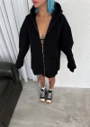 Oversize Tam Fermuarlı Uzun Kol Hırka - Siyah