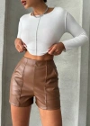 Parçalı cepli deri şort taba w26312