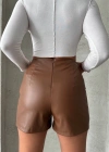 Parçalı cepli deri şort taba w26312